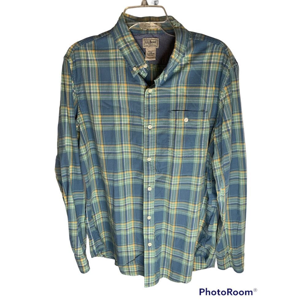 LL Bean Mens Large Reg Slightly Fitted FlannelKt blue/Green/Gold/White